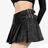 PICSGIRL  -  Imitation Leather Mini Skirt with Belt Detail Summer A-line Short Skirt Women Pleated High Waist Mini Skirt Streetwear