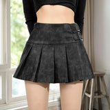 PICSGIRL  -  Imitation Leather Mini Skirt with Belt Detail Summer A-line Short Skirt Women Pleated High Waist Mini Skirt Streetwear