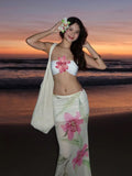 PICSGIRL  -  Vacation Pretty Women Two-Piece Set 3d Flowers Bandeau Mini Top+See Through Print Bottoms Beach Party Matching Suits