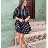 PICSGIRL  -  Women Mini Shirt Dress  Autumn New Single Breasted Dress Female Vintage Striped Long Sleeve Dress Lady Casual Slim Dresses