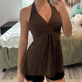 PICSGIRL  -  Brown Embroidered V Neck Backless Halter Top 2000s Clothes Y2k Vintage Sexy Tank Tops Women Summer 2025