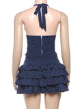 PICSGIRL  -  Low-Neck Polka Dots Women Two-Piece Set Halter Sleeveless Backless Mini Top+Multi-Layered Ruffles Sweet Bottoms Suits