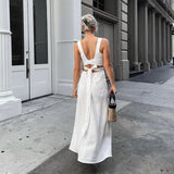 PICSGIRL  -  Summer White Elegant Midi Dress Women 2024 New Chic Sleeveless Waist Hollow Out Long Dresses Streetwear Fashion Lace-up Vestidos