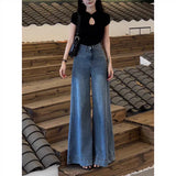 PICSGIRL  -  Women's Vintage Street Style Blue Wide Leg Jeans American Fashion Denim Trousers Bottoms Female High Waist Straight Loose Pants