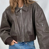 PICSGIRL  -  Fashion Lapel Leather Bomber Jacket Women Loose Zipper Long Sleeves Locomotive Coat Autumn New Lady High Street Outerwear