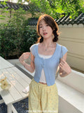 PICSGIRL  -  One Button Design Square Neck Short Sleeve Knit Shirt Female Summer Slim Sweet Solid Color Short Knitted Cardigan Women Tops