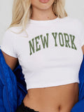 PICSGIRL  -  New York Letter Print Tee Women Contrast Patchwork Crew Short Sleeve Slim Versatile T-shirt Hottie Fashion Top Streetwear