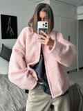 PICSGIRL  -  Pink Short Fur Jacket Coat For Women Autumn Winter Casual Stand Collar Pocket Loose Fashion Long Sleeve Jacket Top Female