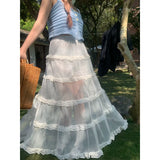 Picsgirl Maxi Long Tulle White Mesh Skirts for Women Gothic Pleated Skirt Casual Fairycore Summer Jupe Longue Falda Mujer