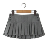 PICSGIRL  -  party look snspos Y2K Grey Striped Print Side 3 Buttons Pleated Mini Skirt Sexy Low Waist Short Skater Skirts