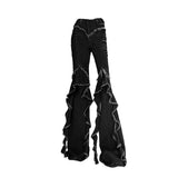 PICSGIRL  -  Western Punk Studded Women Flare Jeans Retro Brown Raw Edge Ruffle HemHigh Riuse Bootcut Pants Bell Bottoms Streetwear