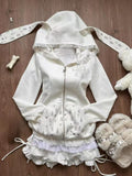 PICSGIRL  -  Korean Cute 2 Pieces Set Y2K Aesthetic Cartoon Patchwork Lace Rabbit Ears Hoodies + Bandage Lace Mini Cake Skirts Fairy Outfits