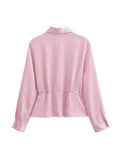 PICSGIRL -  Spring Elegant Pink Turn-Down Collar Blouse for Woman Casual Long Sleeves Lace-Up Female Chic Single Breasted Shirt Top