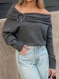 PICSGIRL -  Off Shoulder Sweater Women Vintage Knitted Pullovers Female Fashion Slash Neck Jumpers Lady Elegant High Street Pleated Sweaters