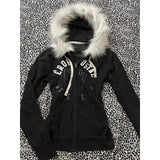 PICSGIRL  -  Slim Fit Comfortable Simplicity Black Sweatshirts Warm Basic Version Y2K Top Solid Zip Up Letter Printed Fur Collar Hoodie women