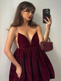 PICSGIRL  -  Elegant Velvet Backless Women Dresses Pleated Solid Sling Female Dress 2024 Winter Christmas Sleeveless A-line Evening Lady Robe