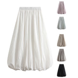 PICSGIRL  -  Women's Elegant Elastic High Waist Solid Color A-Line Pleated Puffball Hem Casual Flowy Balloon Bud Midi Skirts