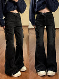 PICSGIRL  -  High Street Lady Black Flare Jeans Slim Bell Bottoms Gyaru Fashion Denim Trousers Multiple Pockets 2000s American Retro