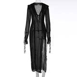 PICSGIRL  -  2024 spring new women's sexy see-through reverse car edge tie rope V-neck open fork dress women on behalf of the