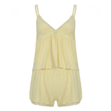 PICSGIRL  -  Lace Patchwork Solid Backless Two-piece Set Sleeveless Halter Vacation Sexy Sweet Suit Deep V-neck Summer Twinset