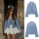 PICSGIRL  -  Women's Clothing 2024 Summer New Street Style Fashion Versatile Lapel Long-sleeved Tie-up Denim Shirt Top