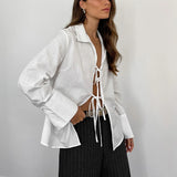 PICSGIRL -  Hollow Out Lace Up White Cotton Linen Shirt Women's Long Sleeve Loose Casual Sexy Lapel Cardigan Top Female Summer new