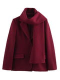 PICSGIRL  -  cold weather outfuts Wine Red Woolen Coat Women Fashion Lapel With Scarf Long Sleeve Female Coats 2024 Winter Single-breasted Loose Lady Outwear