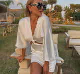 PICSGIRL  -  Flare Sleeve Satin Women Summer Dress Deep V-neck Hollowe Out Fashion Party Club Short Dresses Luxury Simple Slim Beach Vestidos