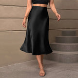 PICSGIRL  -  Satin Skirt High Waisted Solid Color Skirts  Flared Hem Elegant Women Outerwear