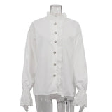 PICSGIRL  -  Retro Diamond Ruffled Shirt For Women Stand Color White Top Casual Fashion Flare Long Sleeve Single Breasted Lady Blouses