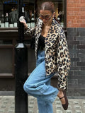 PICSGIRL  -  Women Casual Leopard Print Bomber Jacket Elegant Lapel Long Sleeves Zipper Pockets Loose Coat 2024 Autumn Lady High Streetwewar