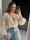 PICSGIRL  -  Fashion V-neck Jacquard Shirt Blouse Women Tops New Korean Summer Long Sleeve Fashion See-through Sexy Shirts Female Tops