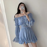 PICSGIRL  -  Flare Sleeve Slack Neck Shirts+Ruffle Skirt Vacation Summer 2 Piece Set Fashion Solid T-shirts And Pleat A-line Short Skirts Set