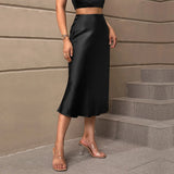 PICSGIRL  -  Satin Skirt High Waisted Solid Color Skirts  Flared Hem Elegant Women Outerwear