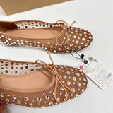 PICSGIRL  -  Luxury Rhinestones Women Shoes Spring Shallow Breathable Mesh Round Toe Bling Bowtie Elegant Ballet Flats for Female