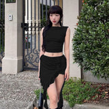 PICSGIRL  -  Instagram Summer 2024 New Open Navel Top Fashion Style Sparkling Material Sleeveless Ruffle Edge Half Skirt Set