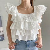 PICSGIRL  -  Women Vintage Blouse Layer Ruffled Square Neck Shirt Women Flying Sleeve Chic Design Loose Casual French Sweet Crop Tops