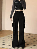 PICSGIRL  -   Grey Flare Cargo Sweatpants Women Y2k Harajuku Vintage Baggy Zipper Korean Style Wide Leg Pants Streetwear Chic Trousers