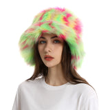 PICSGIRL  -  Autumn Winter Women Keep Warm Rainbow Faux Fox Fur Basin Cap Female Fashion Casual Party Bucket hat Music Festival Thickened Hat