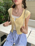 PICSGIRL  -  One Button Design Square Neck Short Sleeve Knit Shirt Female Summer Slim Sweet Solid Color Short Knitted Cardigan Women Tops