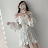 PICSGIRL  -  Flare Sleeve Slack Neck Shirts+Ruffle Skirt Vacation Summer 2 Piece Set Fashion Solid T-shirts And Pleat A-line Short Skirts Set