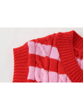 PICSGIRL  -  Summer Casual Striped Print Sleeveless Knitted Elastic Tops Womens O-Neck 2024 Casual Red Slim Pullover Vest