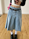 PICSGIRL  -  Y2k Streetwear Denim Pleated Skirt Women Vintage Low Waist A-line Distressed Knee-lenght Jeans Skirt Japanese Fashion