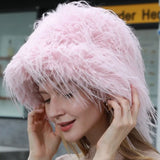 PICSGIRL  -  Luxury Plush Faux Fur Bucket Hats For Women Fashion Winter Ostrich Feather Female Thicken Warm Fisherman Caps Party Panama Bob