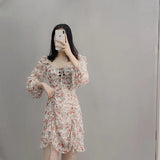 PICSGIRL  -  French Vintage Sweet and Westernized Age Reducing French Square Neck Ruffle Edge Drawstring Small Man Fragmented Chiffon Dress