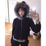 PICSGIRL  -  Autumn\winter Black Zip Up Fur Patchwork Design Hoodies Fashion Warm Short Slimming Korean Style Sweatshirts Y2k Long Sleeved