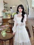 PICSGIRL  -  Summer Woman French Elegant Lace Midi Dress Party Long Sleeve Korean Fashion Dress Beach Chiffon Fairy Slim Dress Chic