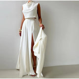 PICSGIRL  -  Chic Pants Set Women Swing Collar Sleeveless Crop Top High Waist Split Long Pant Female Sets 2025 Spring Casual Street Lady Suit