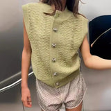 PICSGIRL  -  Women Green Cardigan Knitted Sweater Waistcoat Fashion Sleeveless V-Neck Knit Sweater for Woman Vest Korean Jumper Vintage Cloth