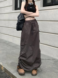 PICSGIRL  -  2024 New High Street Straight Female Cargo Long Skirt Cotton Elastic Waist Pocket Slit Streetwear Fashion Women Summer Skirts